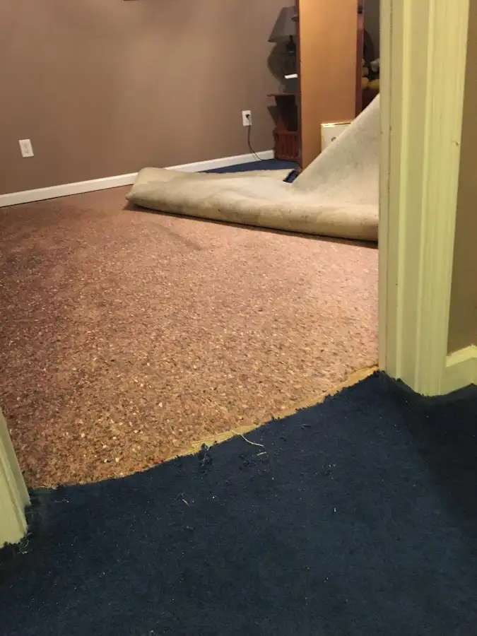 Carpet pad removal revealing water damage during Drying & Dehumidification in Manteca