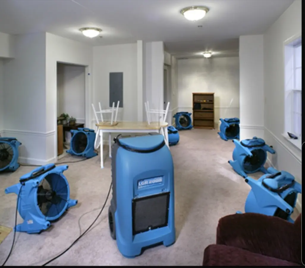 Air movers and dehumidifier setup for Water Damage Restoration in Manteca